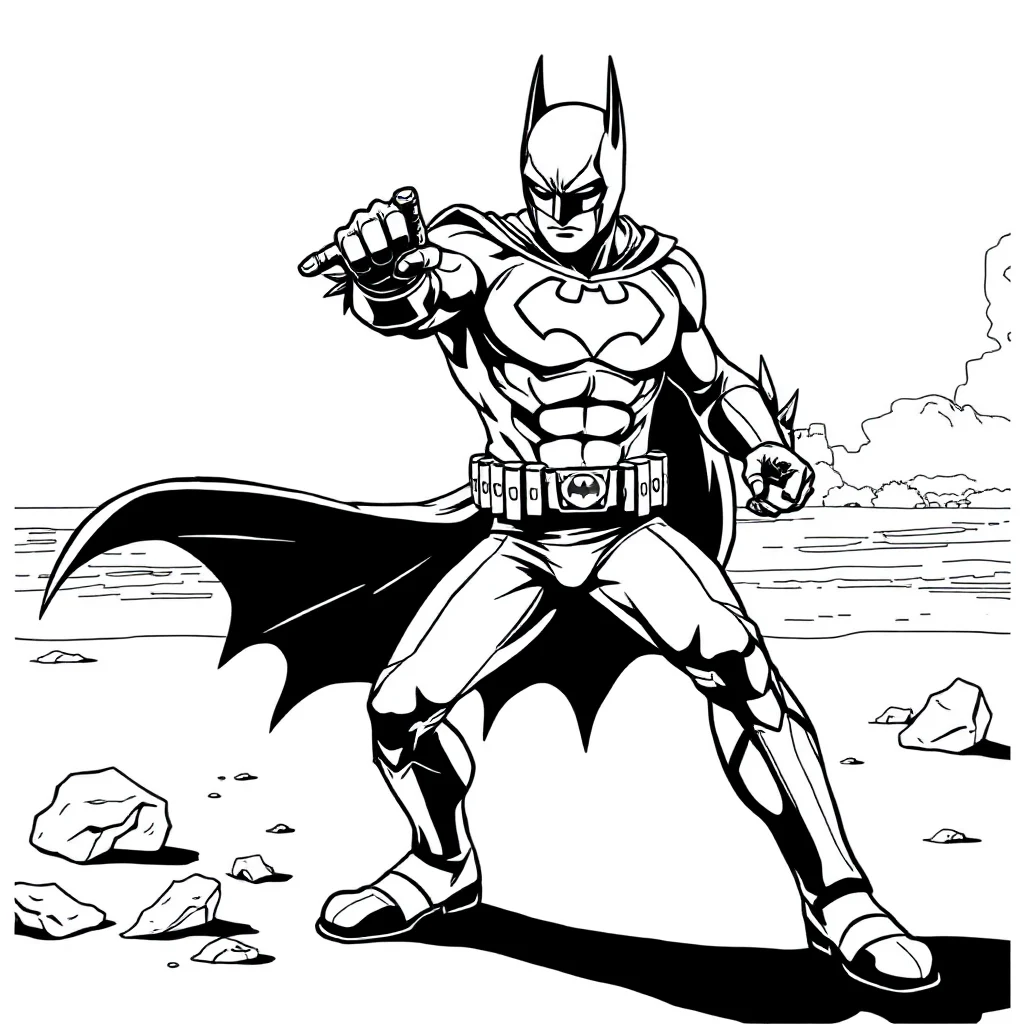Batman batman in a fighting pose on the beach — classic batman coloring page (ages 5–10)