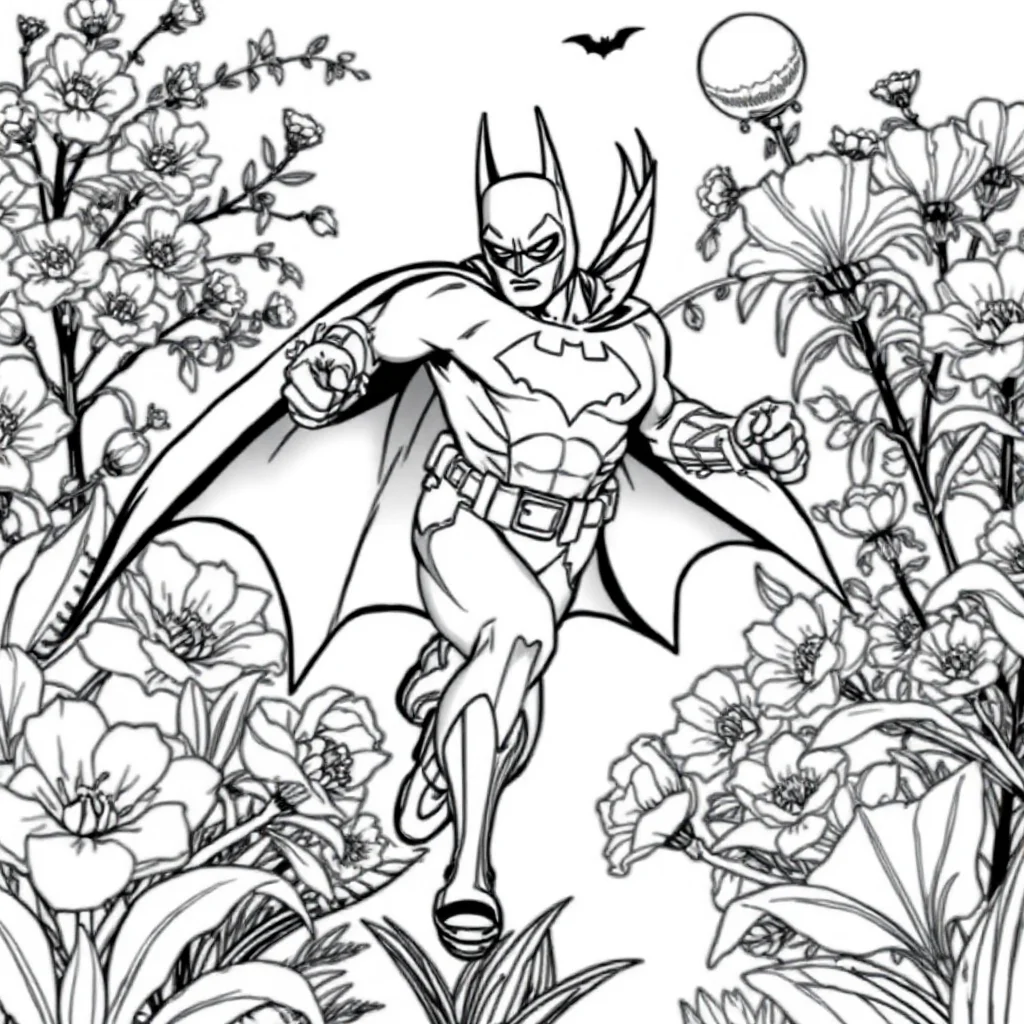 Batman batman running into action in a flower garden — classic batman coloring page (ages 5–10)