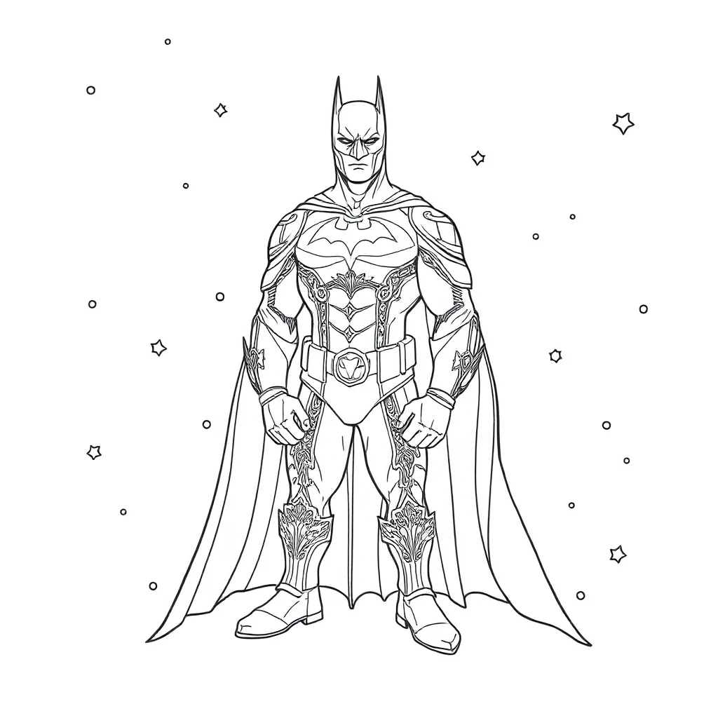 Batman batman standing heroically sitting — detailed batman coloring page (ages 9+ & adults)