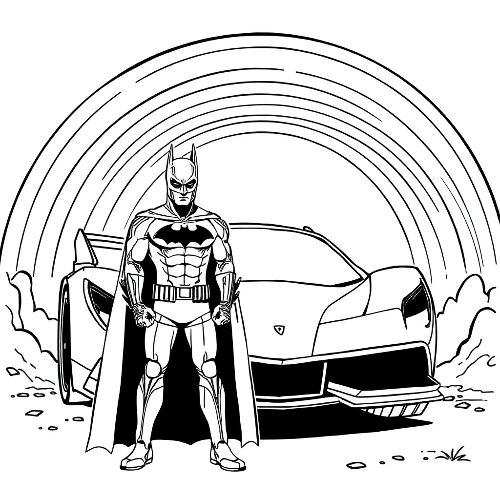 Batman batman standing in front of the batmobile under a rainbow — classic batman coloring page (ages 5–10)