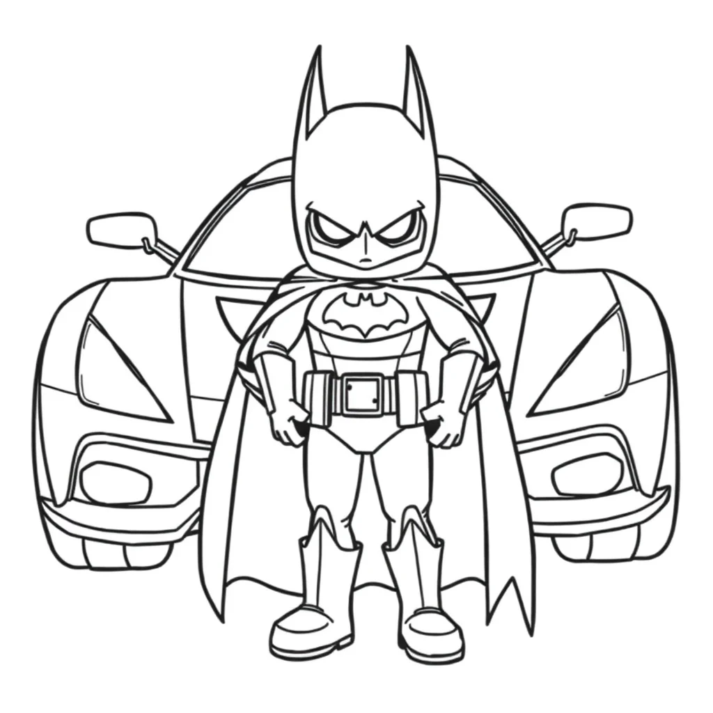 Batman batman standing in front of the batmobile — easy batman coloring page (ages 2–5)