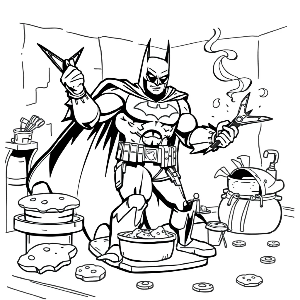 Batman batman throwing a batarang baking cookies — classic batman coloring page (ages 5–10)