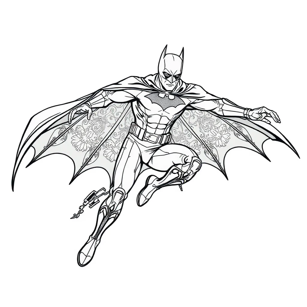 Batman batman with his cape spread wide leaping mid air — detailed batman coloring page (ages 9+ & adults)