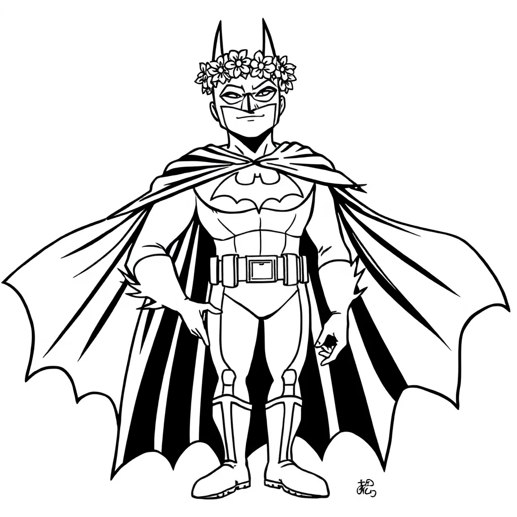 Batman batman with his cape spread wide wearing a flower crown — classic batman coloring page (ages 5–10)