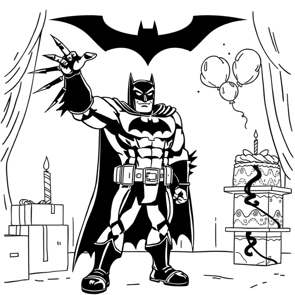 Batman batman with the bat signal celebrating a birthday — classic batman coloring page (ages 5–10)