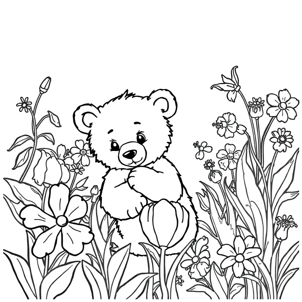 Bears a bear cub in a flower garden — classic bears coloring page (ages 5–10)