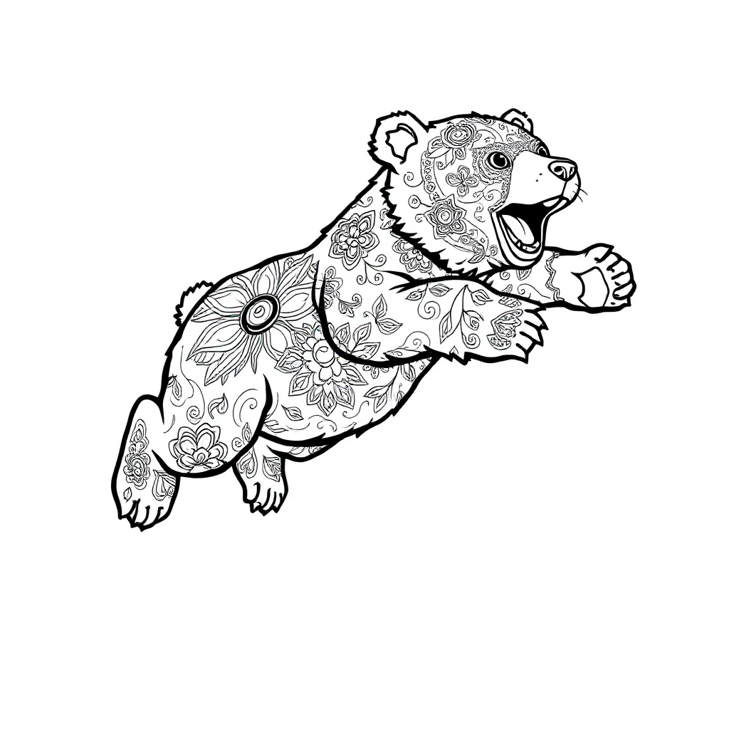 Bears a bear cub leaping mid air — detailed bears coloring page (ages 9+ & adults)