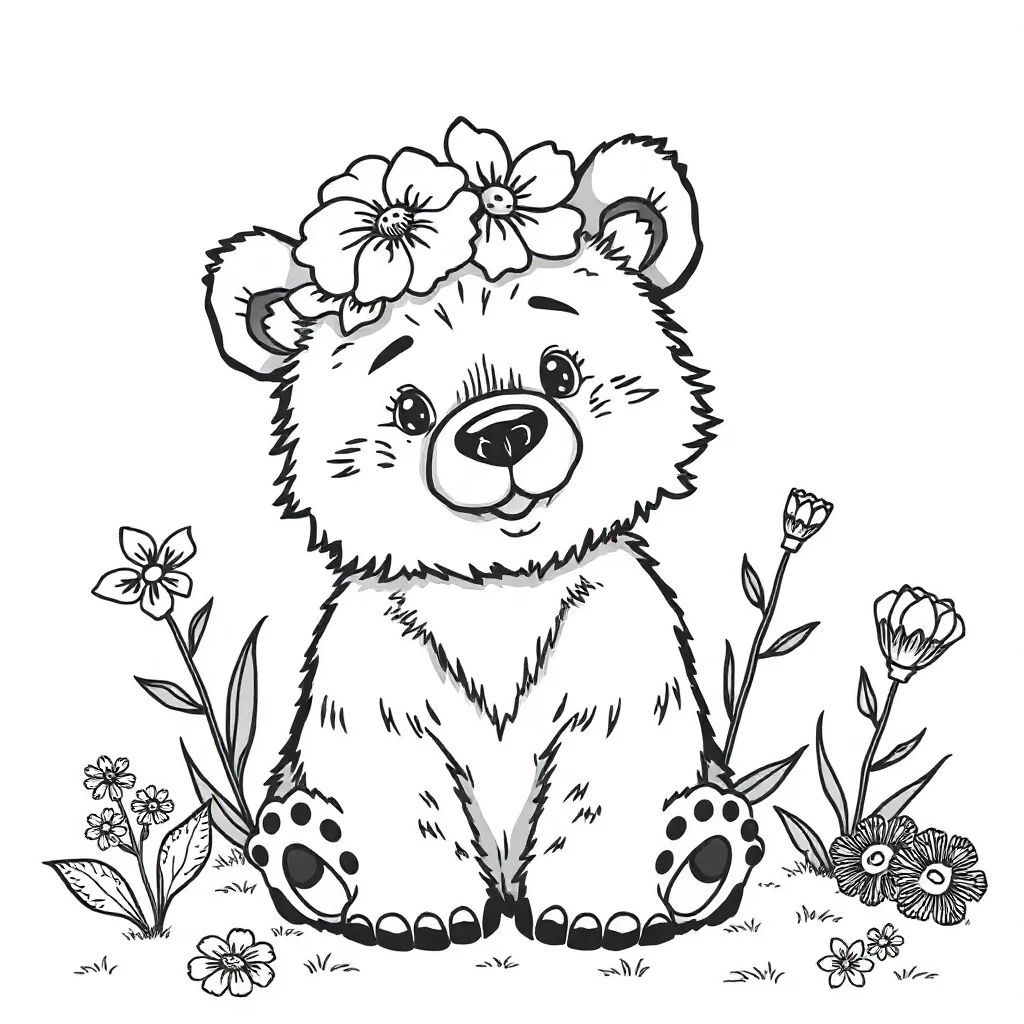 Bears a bear cub wearing a flower crown — classic bears coloring page (ages 5–10)