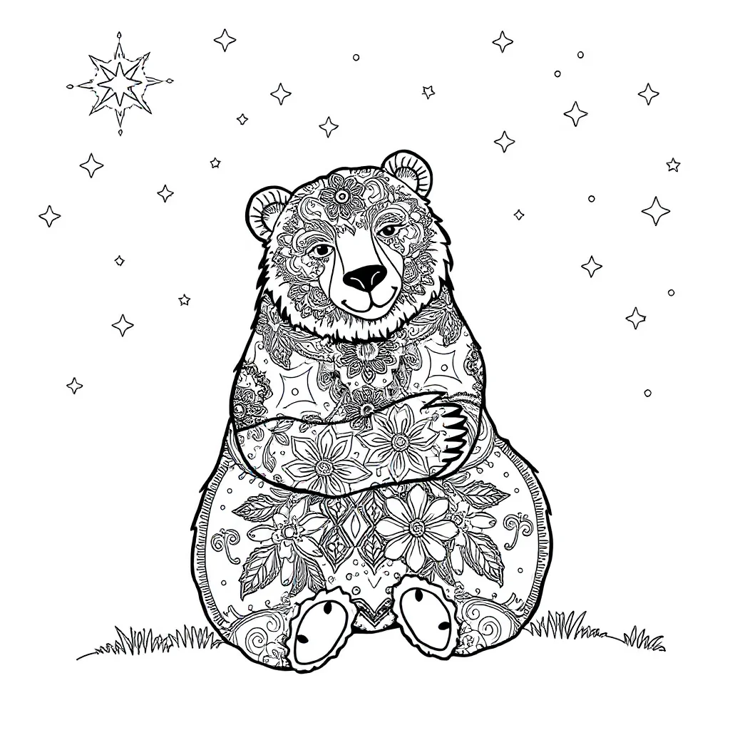 Bears a bear hugging under the night sky with stars — detailed bears coloring page (ages 9+ & adults)