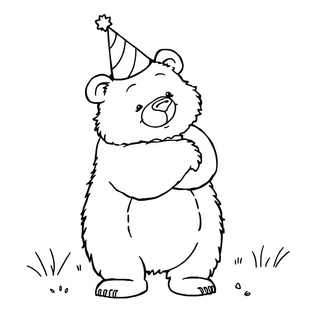 Bears a bear hugging wearing a party hat — classic bears coloring page (ages 5–10)