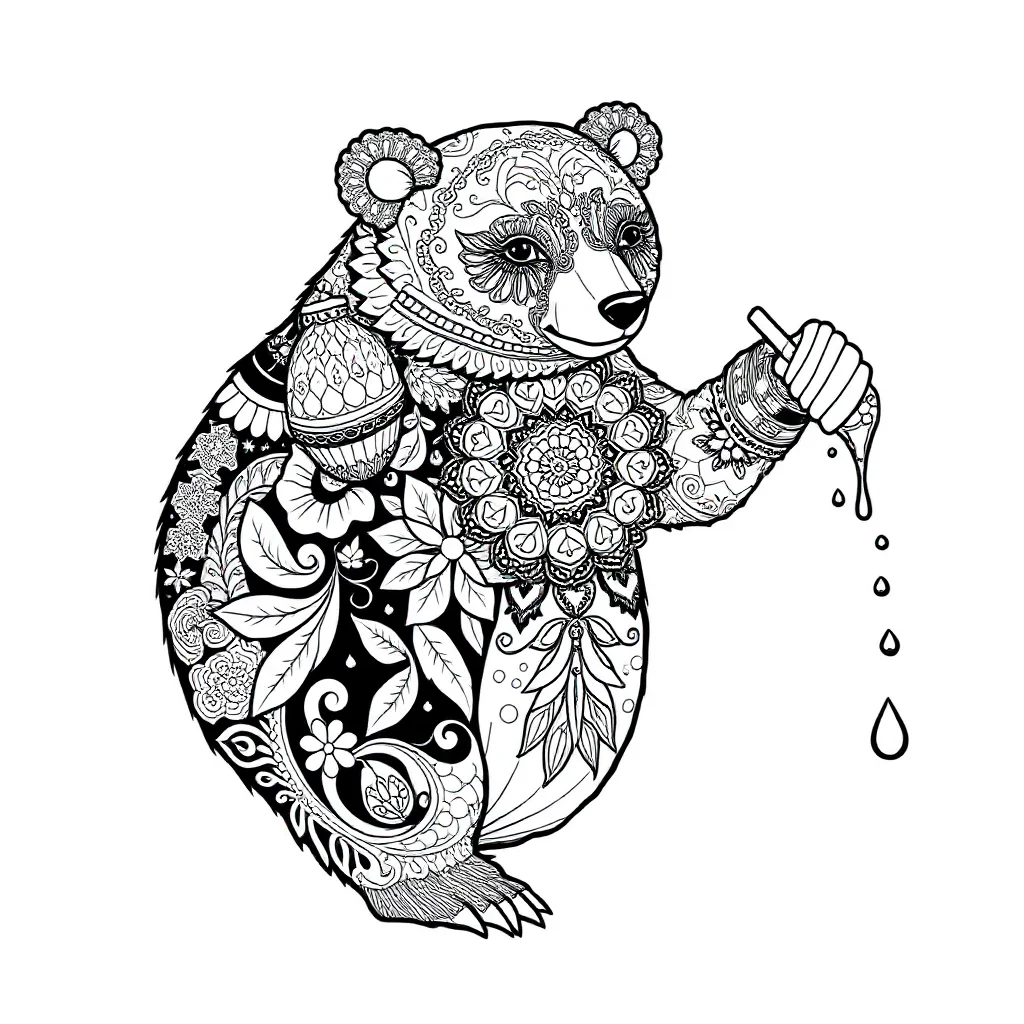 Bears a bear with honey dancing — detailed bears coloring page (ages 9+ & adults)