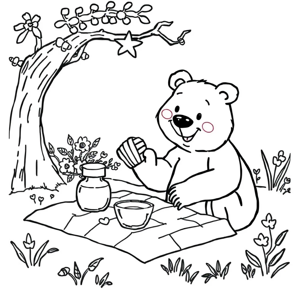 Bears a bear with honey having a picnic — classic bears coloring page (ages 5–10)
