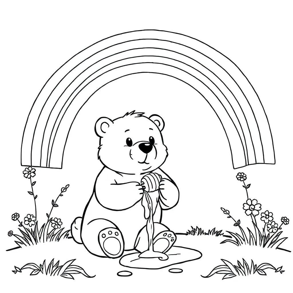 Bears a bear with honey under a rainbow — classic bears coloring page (ages 5–10)