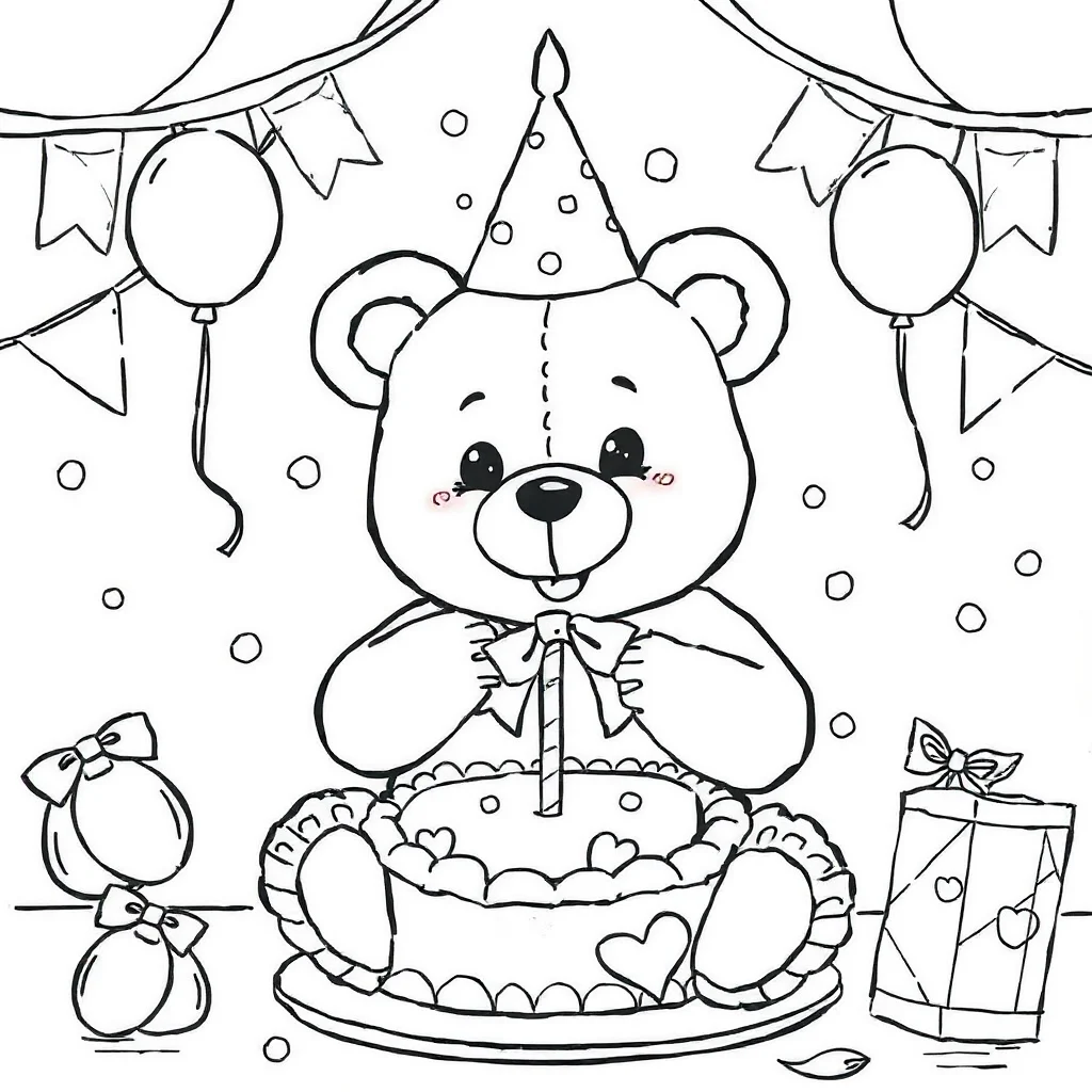 Bears a cute teddy bear celebrating a birthday — classic bears coloring page (ages 5–10)