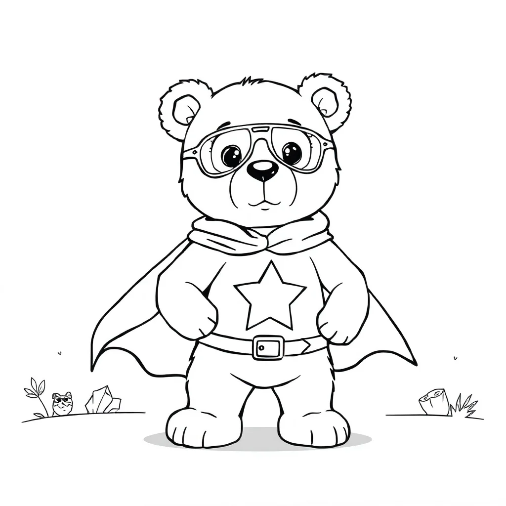 Bears a cute teddy bear in a superhero cape — classic bears coloring page (ages 5–10)