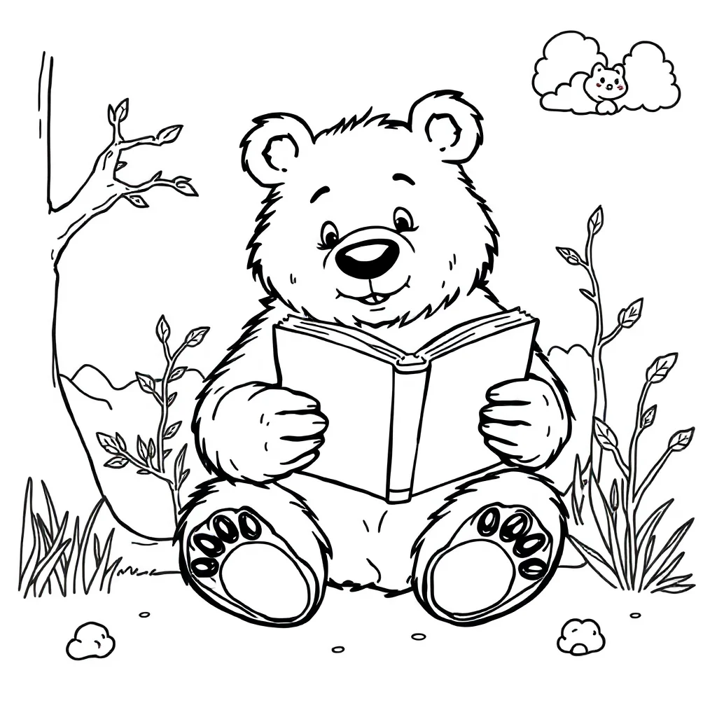 Bears a sitting bear reading a book — classic bears coloring page (ages 5–10)
