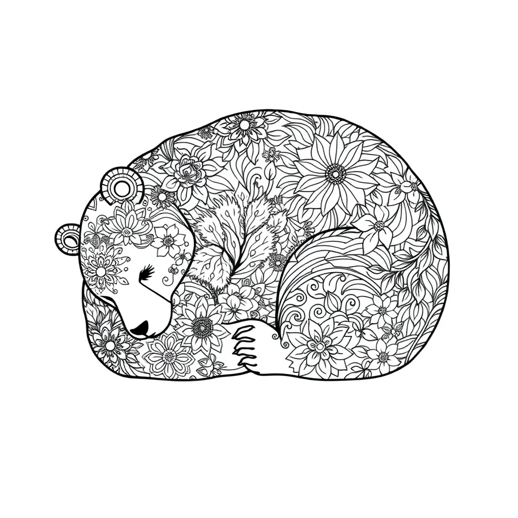 Bears a sitting bear sleeping curled up — detailed bears coloring page (ages 9+ & adults)