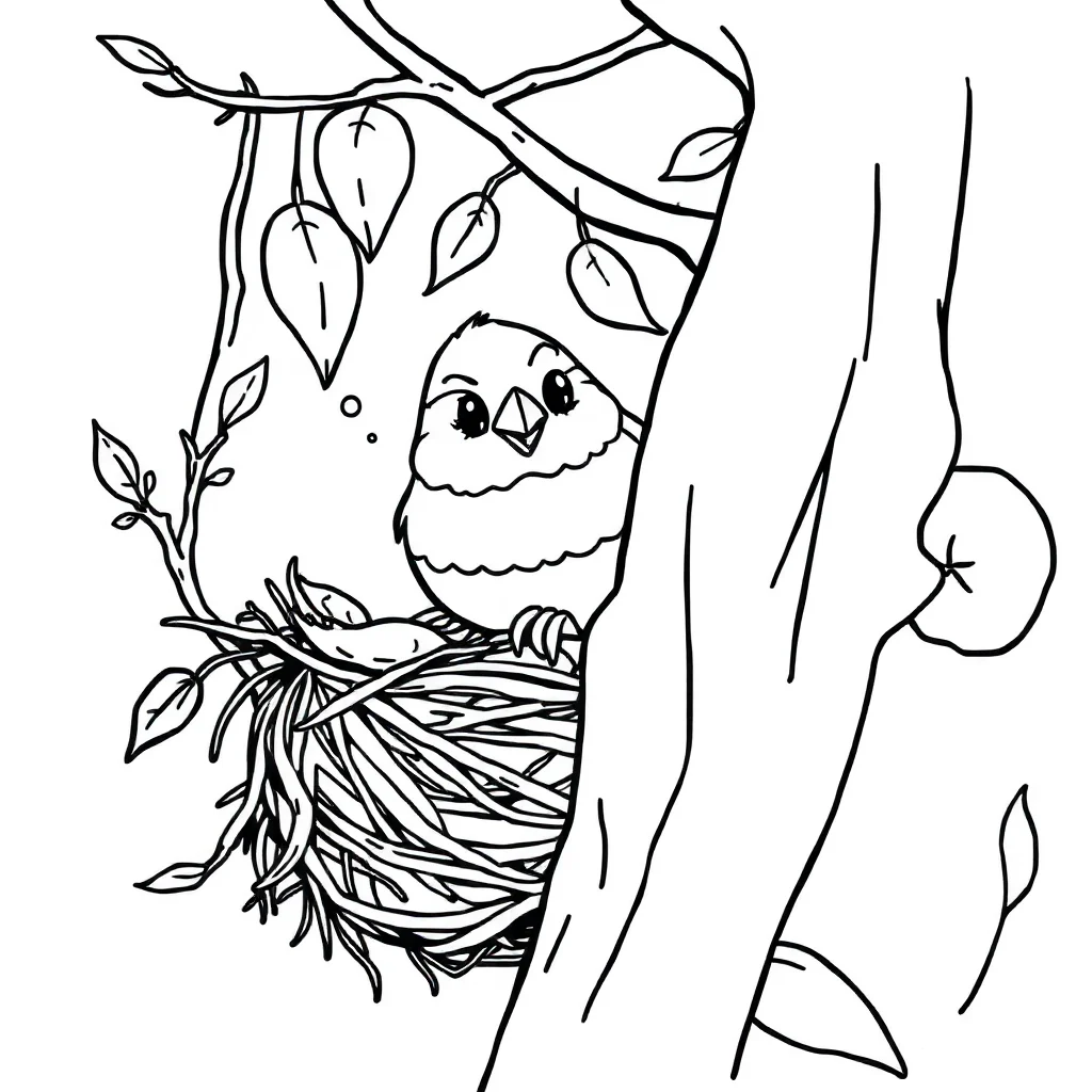Birds a bird in a nest peeking from behind something — classic birds coloring page (ages 5–10)