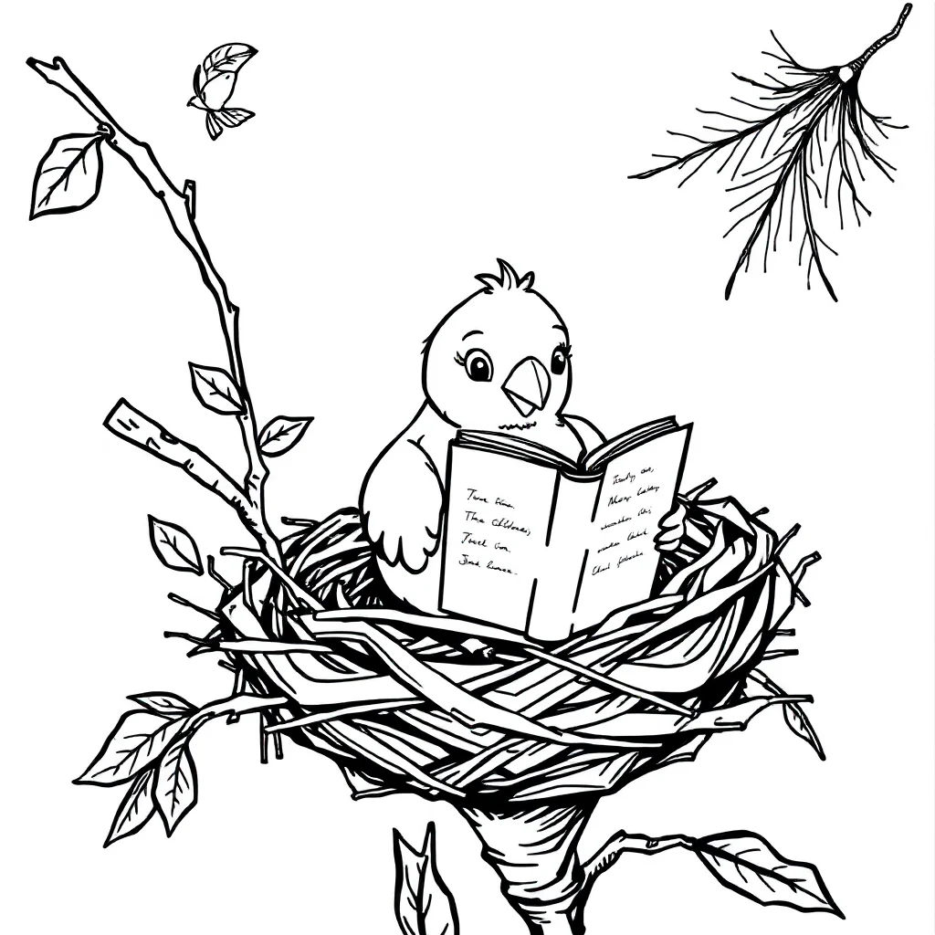 Birds a bird in a nest reading a book — classic birds coloring page (ages 5–10)