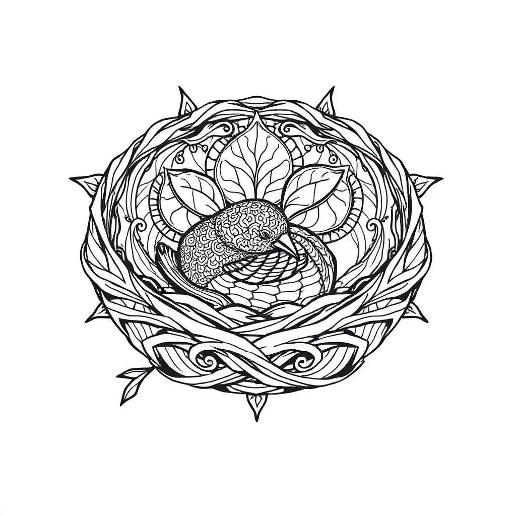 Birds a bird in a nest sleeping curled up — detailed birds coloring page (ages 9+ & adults)