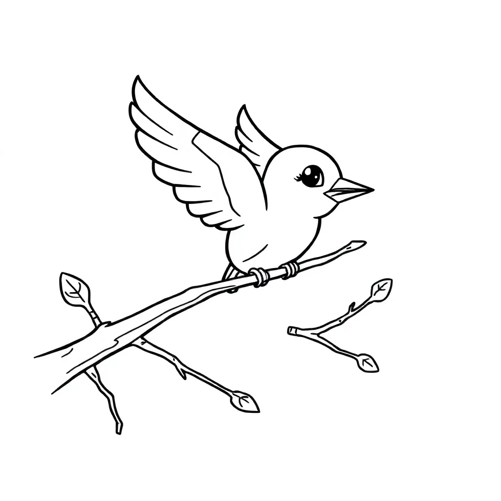 Birds a bird on a branch flying — easy birds coloring page (ages 2–5)