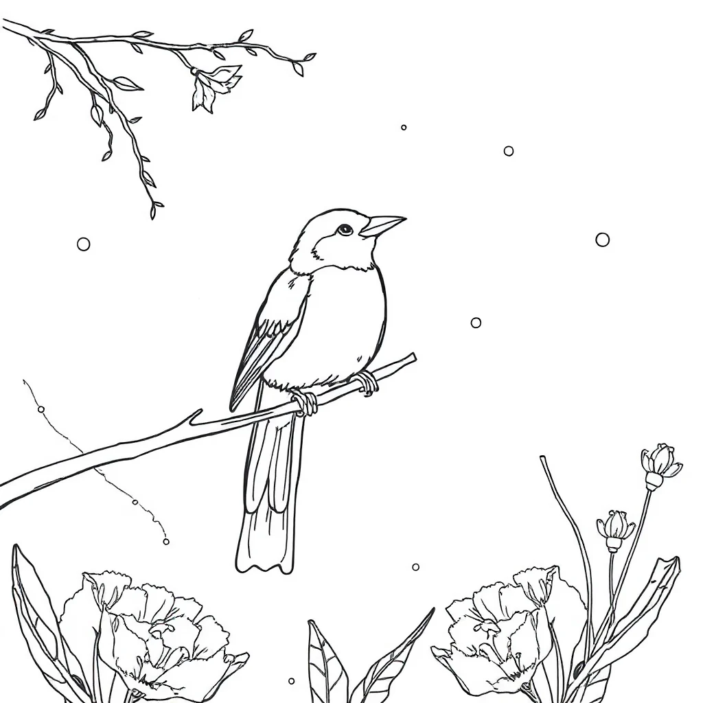 Birds a bird on a branch in a flower garden — classic birds coloring page (ages 5–10)