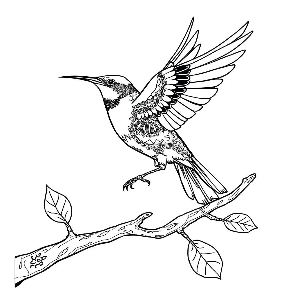 Birds a bird on a branch leaping mid air — detailed birds coloring page (ages 9+ & adults)