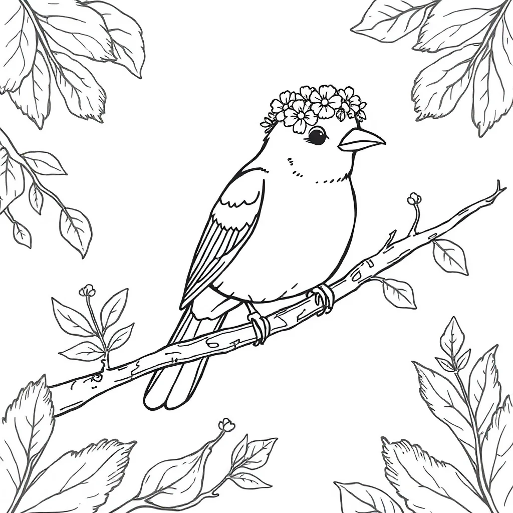 Birds a bird on a branch wearing a flower crown — classic birds coloring page (ages 5–10)