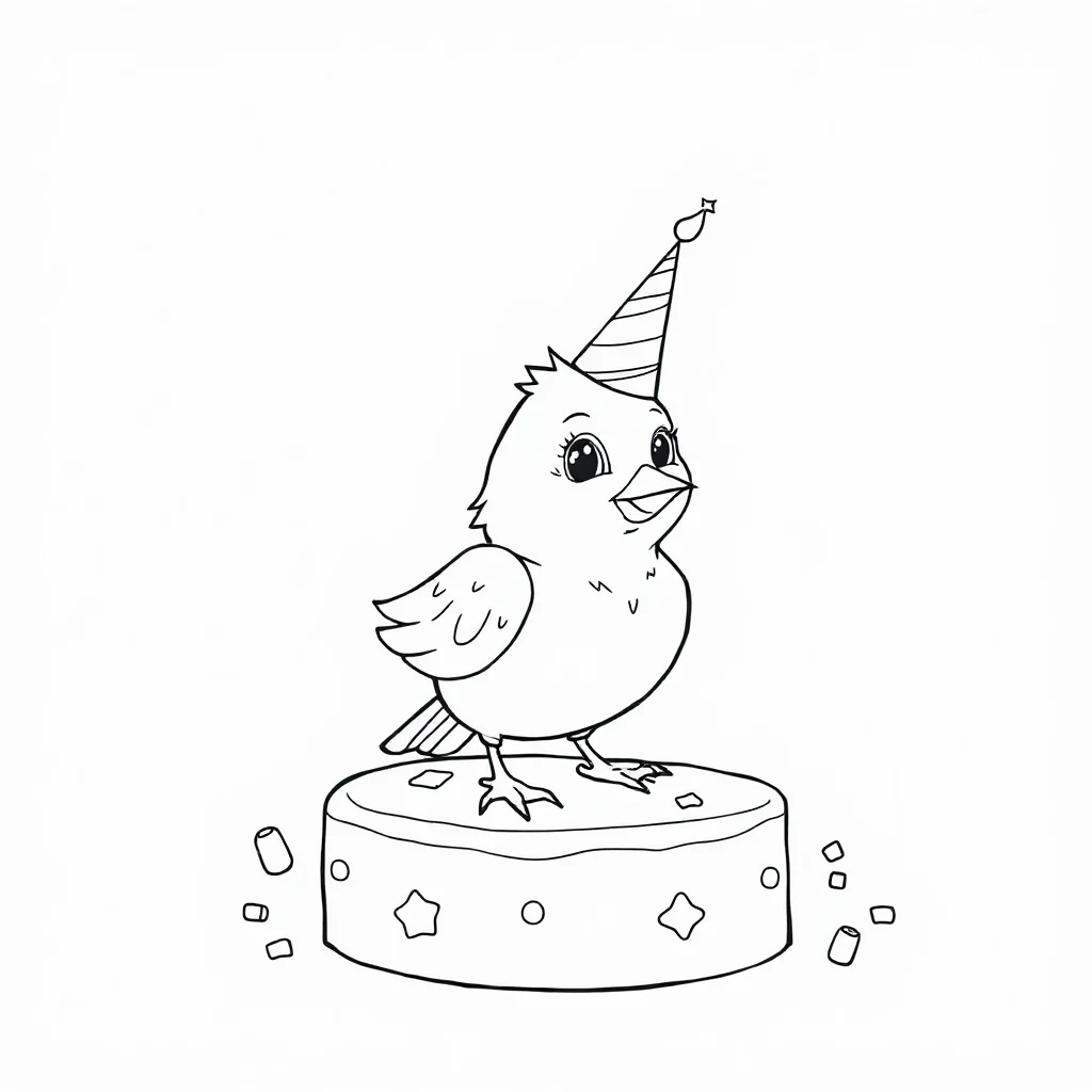 Birds a cute little bird celebrating a birthday — classic birds coloring page (ages 5–10)
