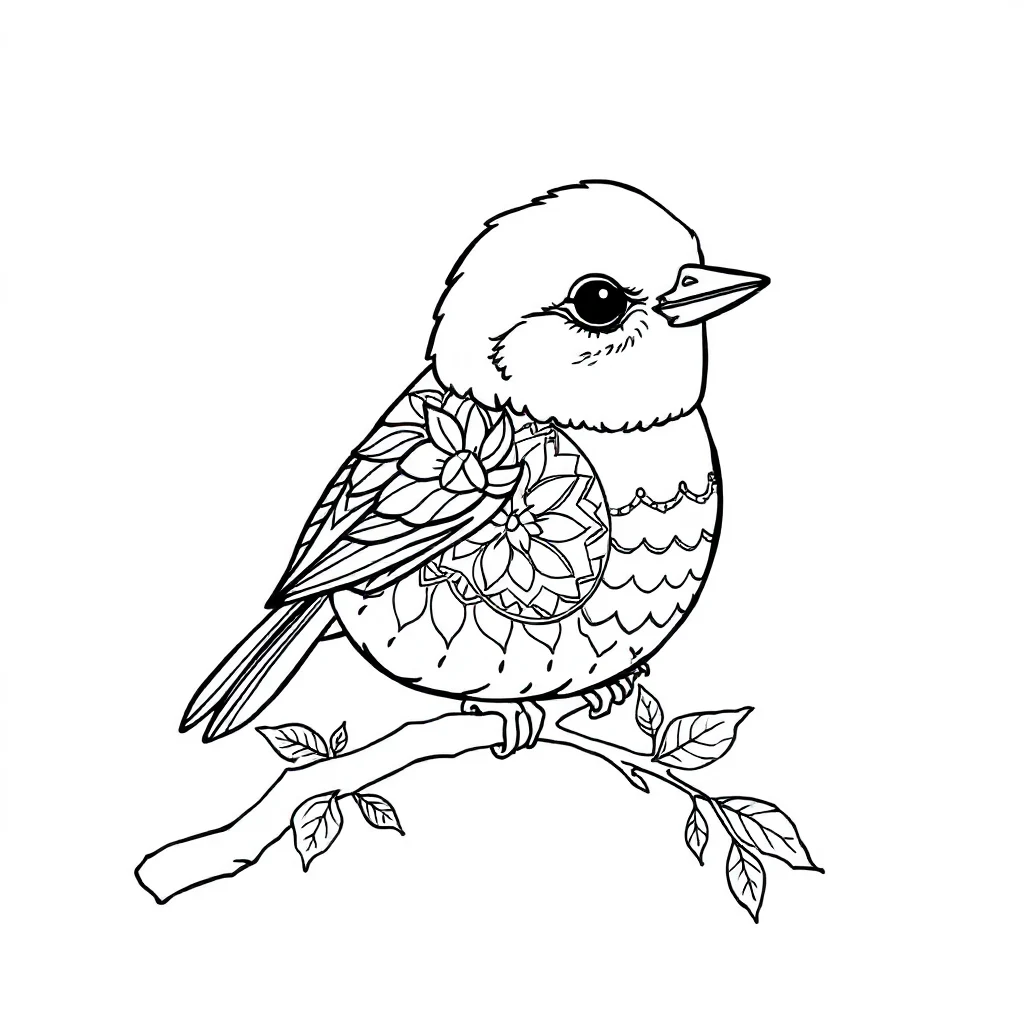 Birds a cute little bird sitting — detailed birds coloring page (ages 9+ & adults)