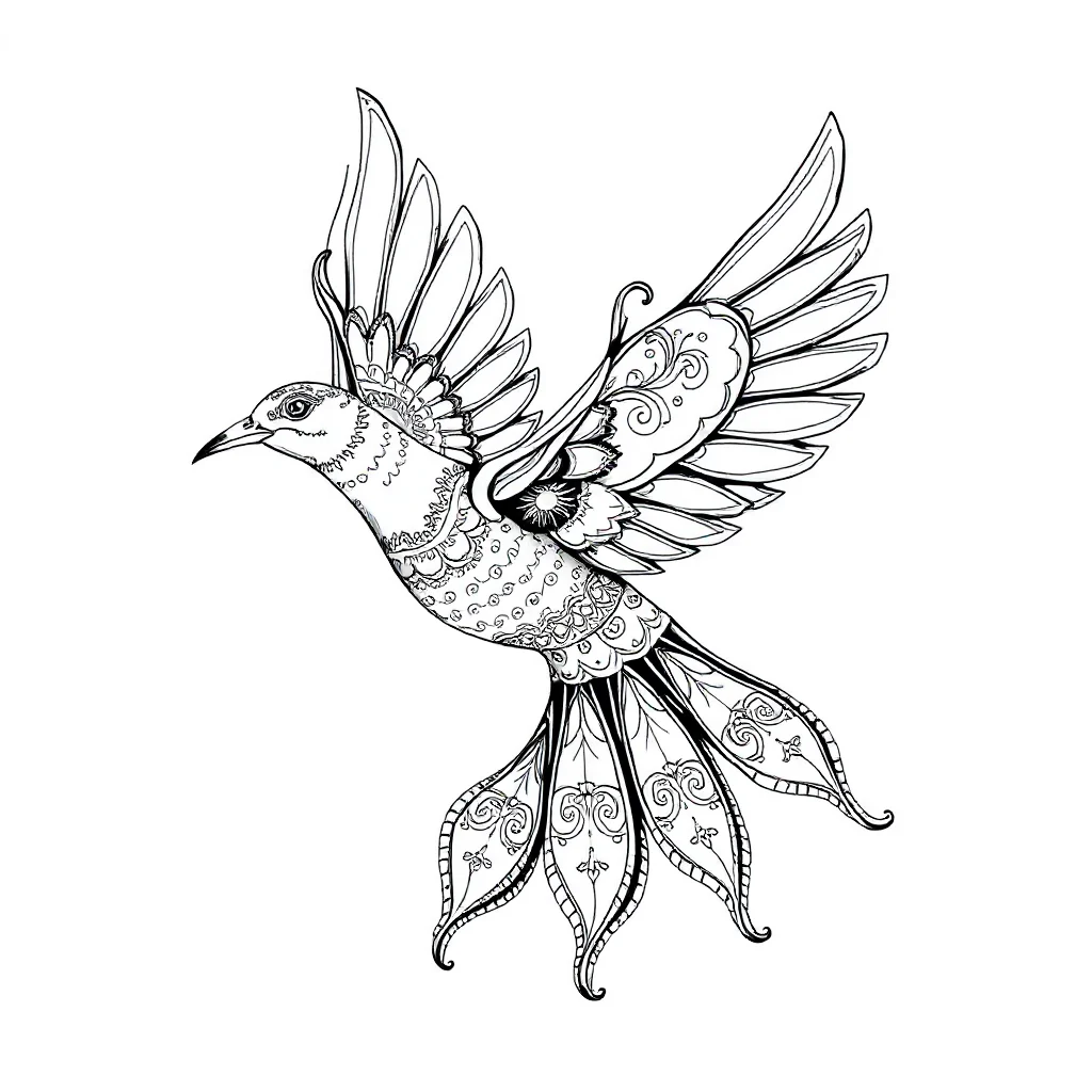 Birds a flying bird dancing — detailed birds coloring page (ages 9+ & adults)