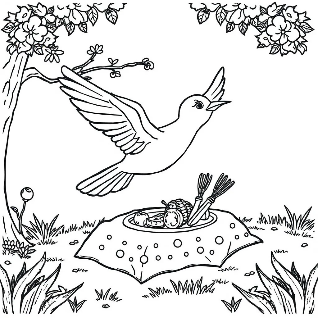 Birds a flying bird having a picnic — classic birds coloring page (ages 5–10)