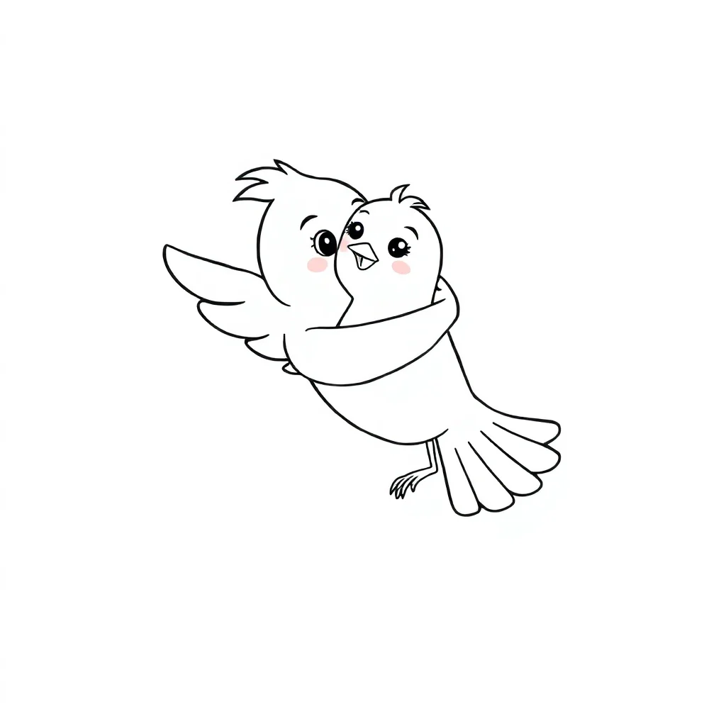 Birds a flying bird hugging a friend — easy birds coloring page (ages 2–5)
