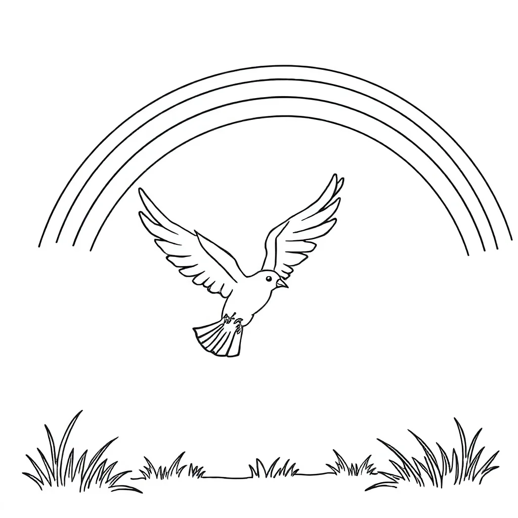 Birds a flying bird under a rainbow — classic birds coloring page (ages 5–10)