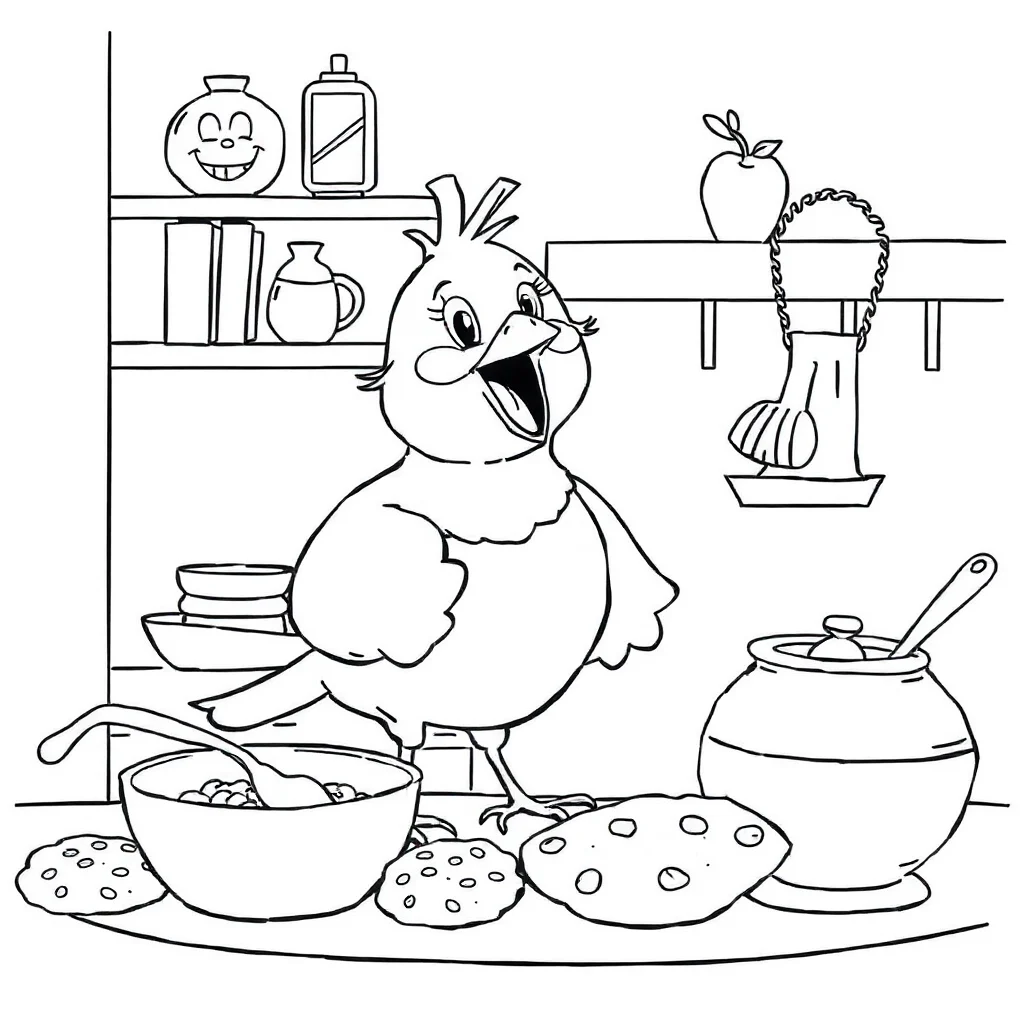 Birds a singing bird baking cookies — classic birds coloring page (ages 5–10)