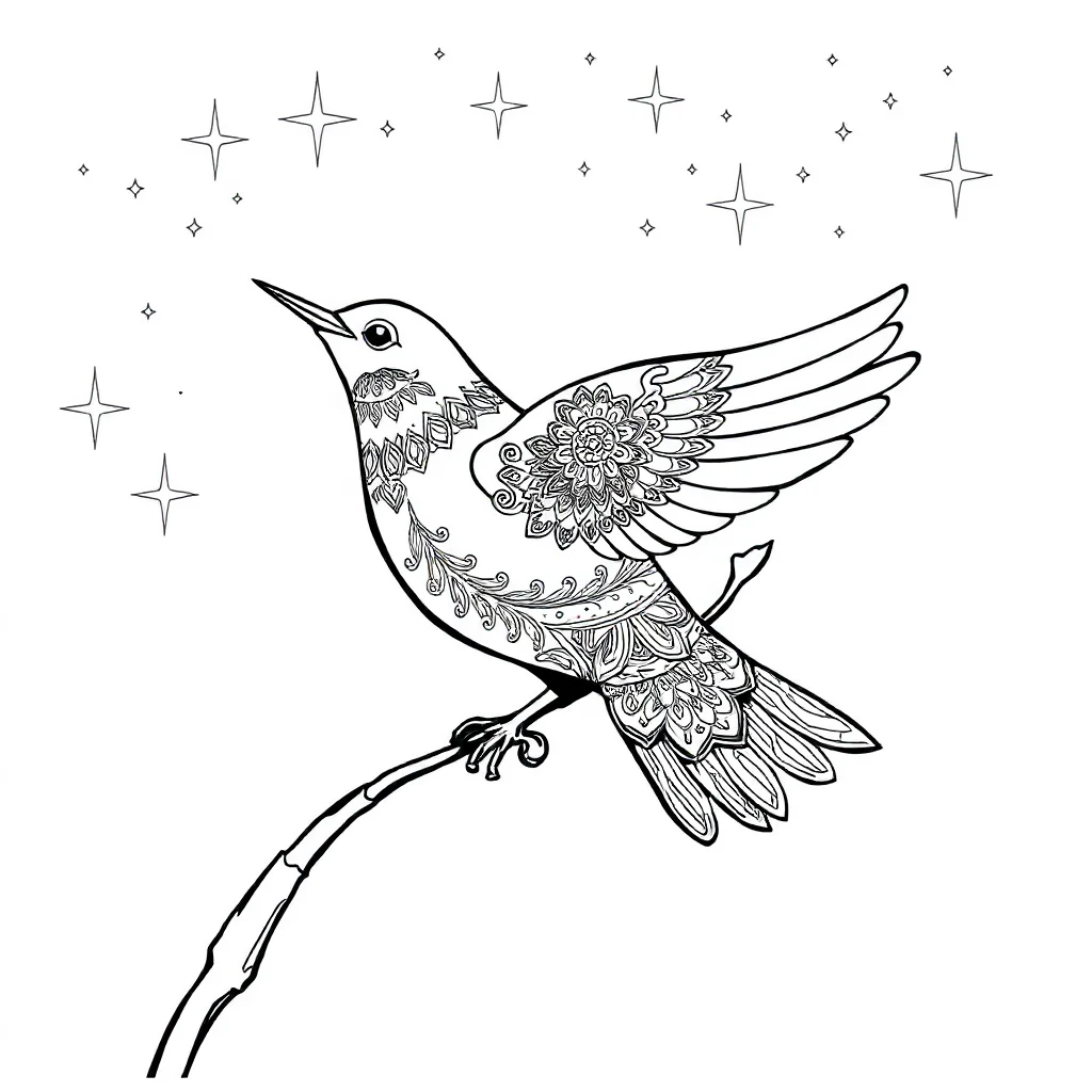 Birds a singing bird under the night sky with stars — detailed birds coloring page (ages 9+ & adults)