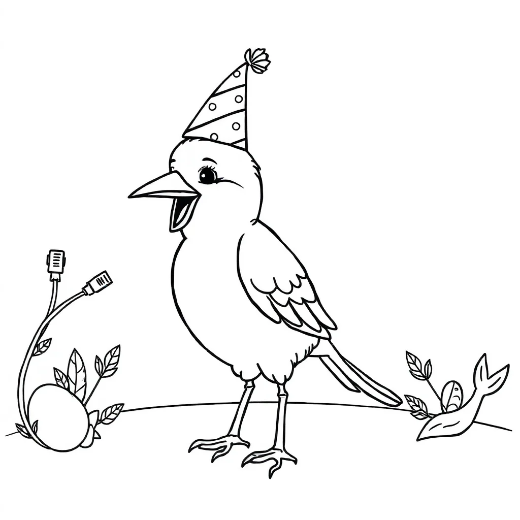 Birds a singing bird wearing a party hat — classic birds coloring page (ages 5–10)