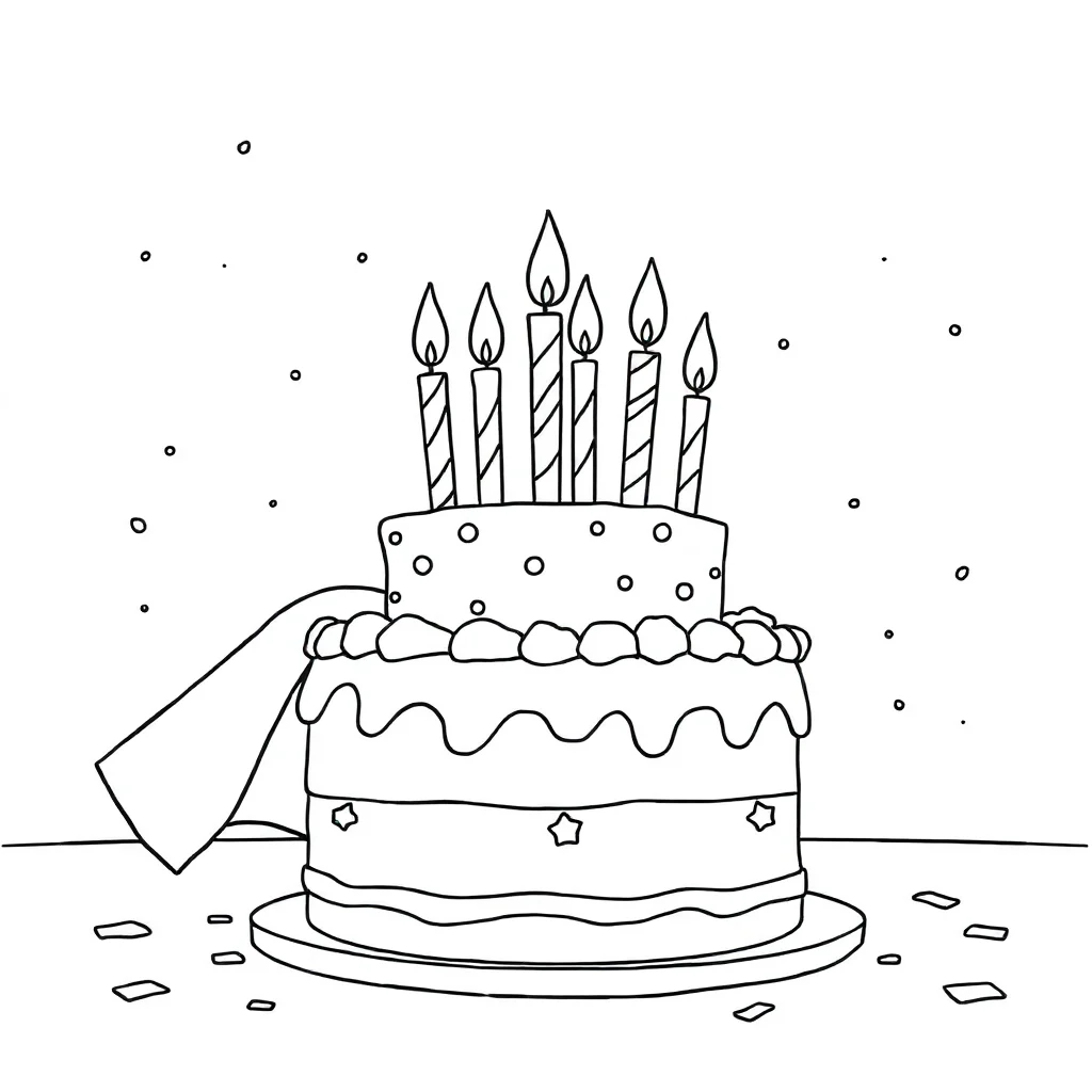 Birthday a birthday cake with candles in a superhero cape — classic birthday coloring page (ages 5–10)