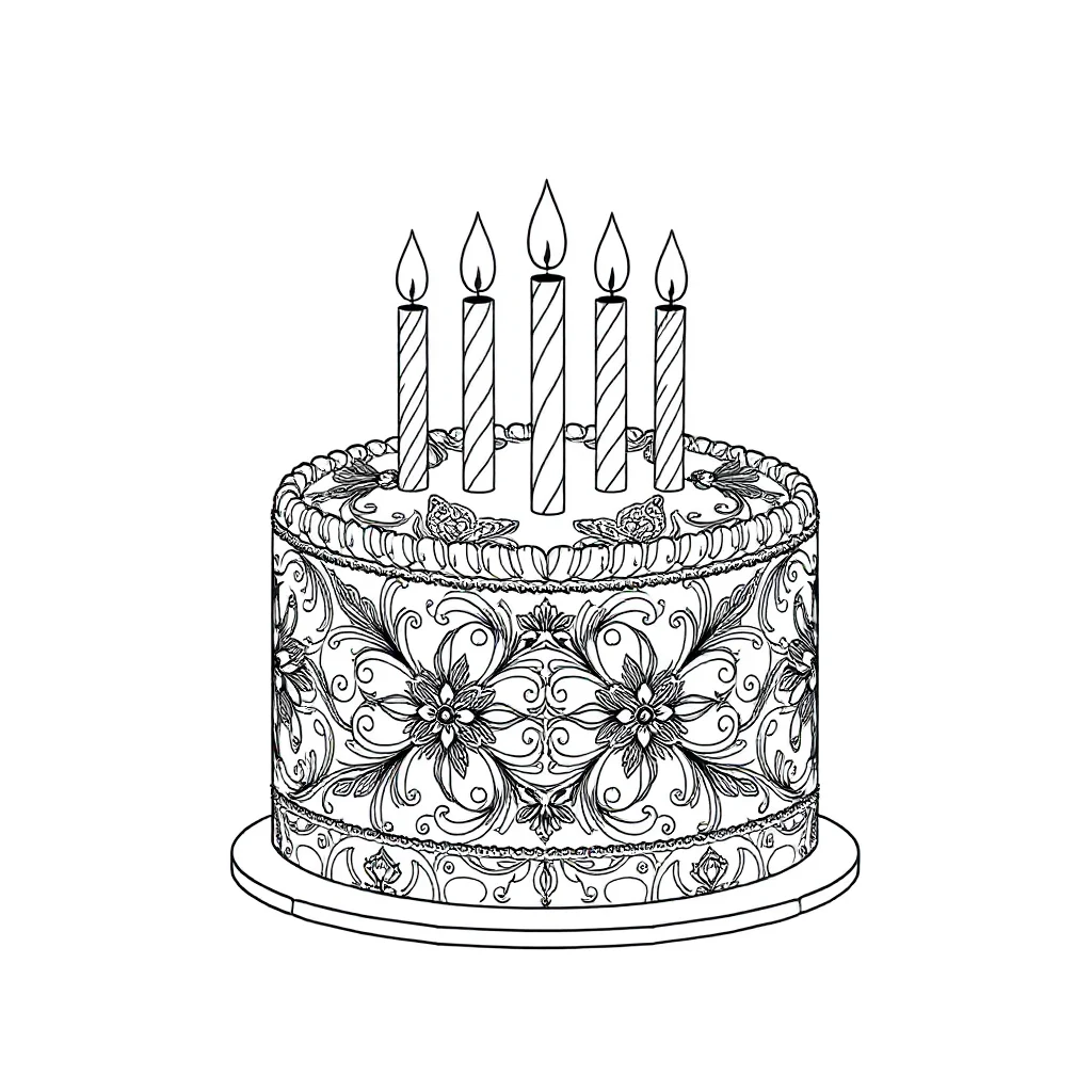 Birthday a birthday cake with candles sitting — detailed birthday coloring page (ages 9+ & adults)