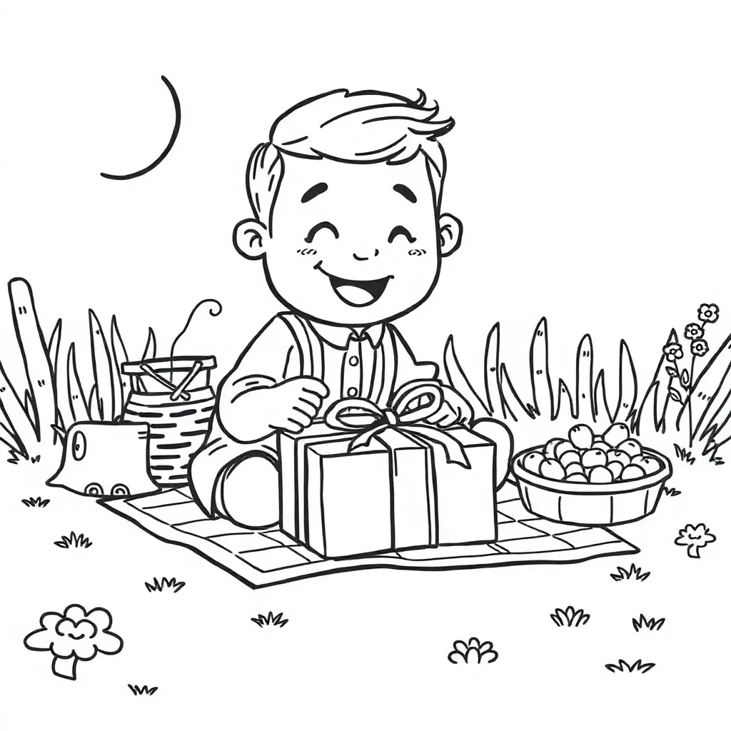 Birthday a birthday present having a picnic — classic birthday coloring page (ages 5–10)