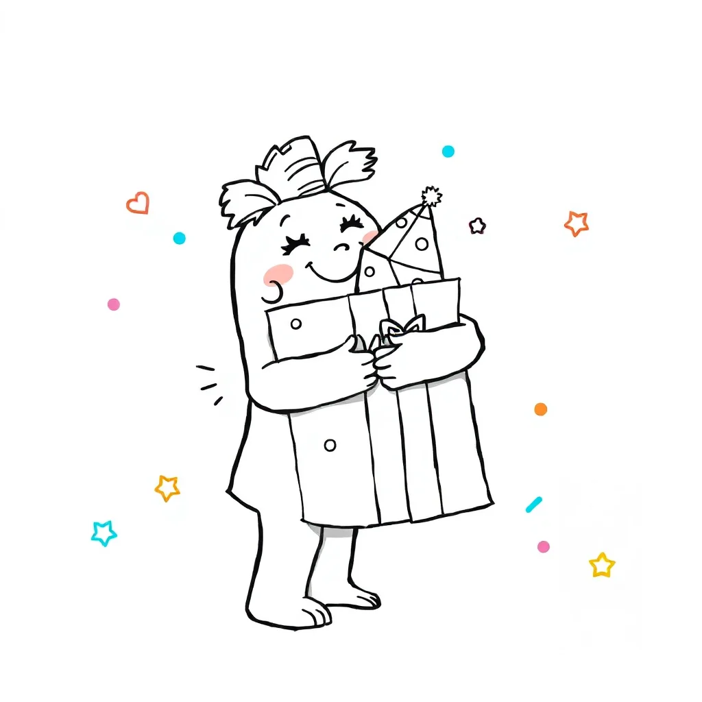 Birthday a birthday present hugging a friend — easy birthday coloring page (ages 2–5)