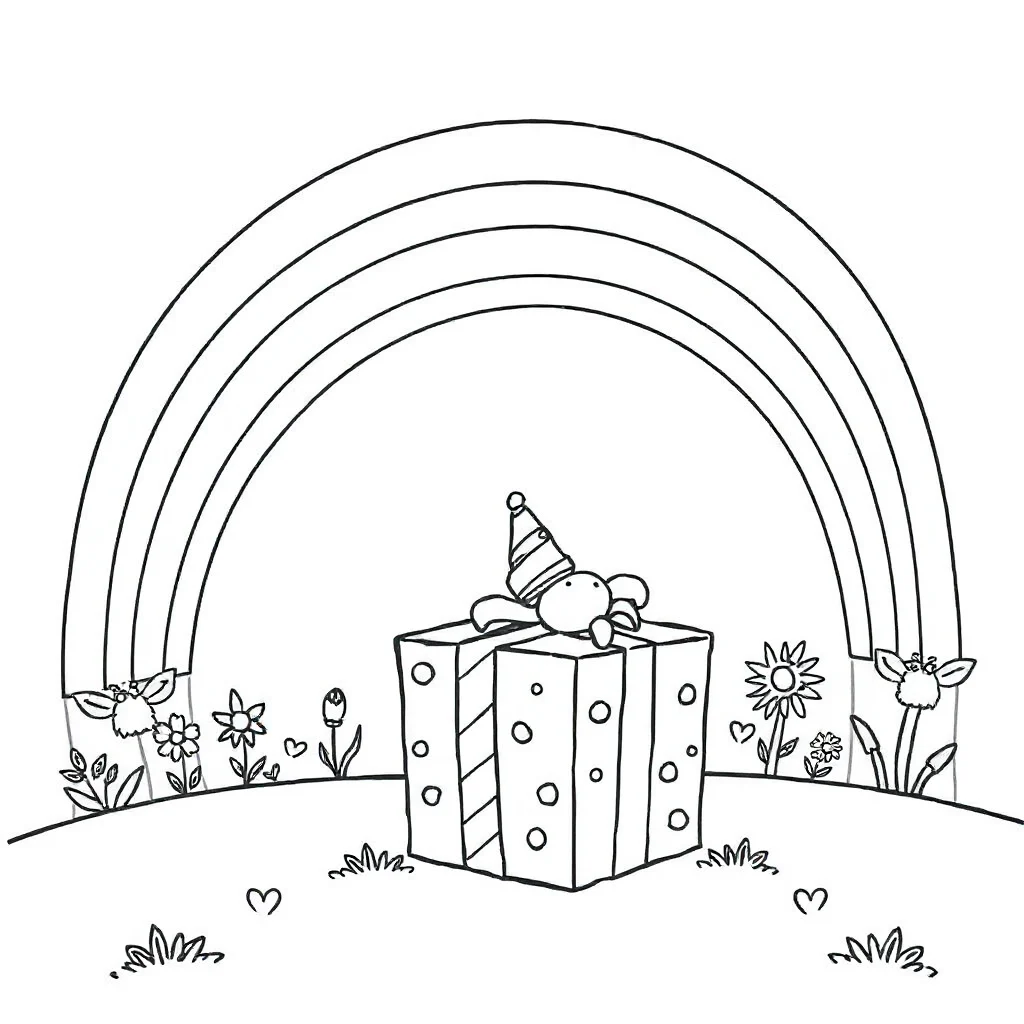 Birthday a birthday present under a rainbow — classic birthday coloring page (ages 5–10)