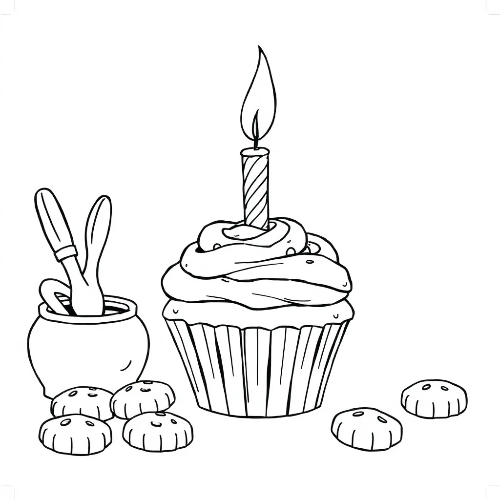 Birthday a cupcake with a candle baking cookies — classic birthday coloring page (ages 5–10)