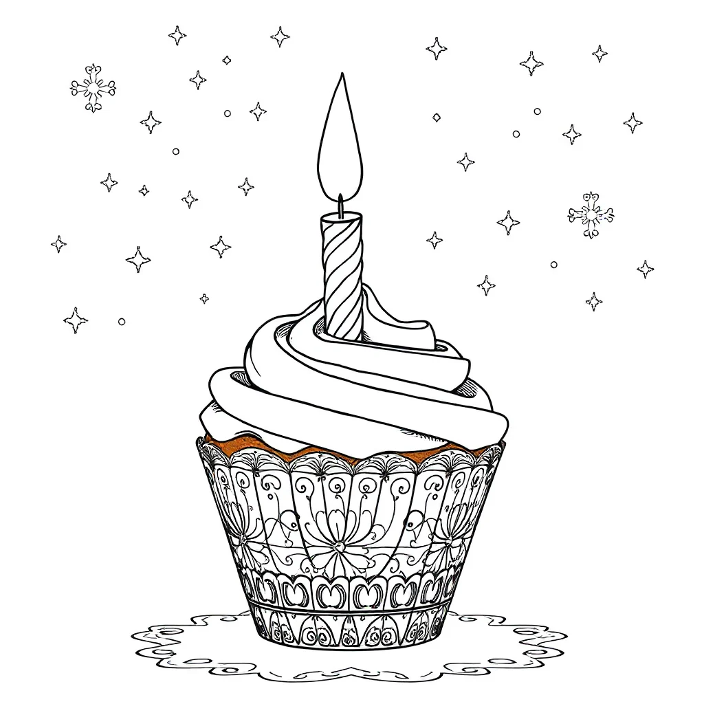 Birthday a cupcake with a candle under the night sky with stars — detailed birthday coloring page (ages 9+ & adults)