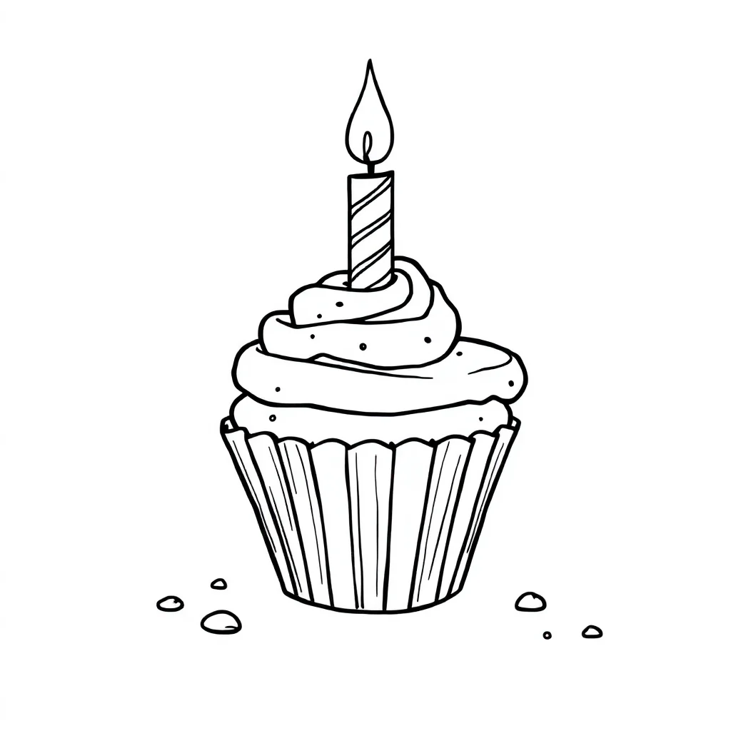 Birthday a cupcake with a candle wearing a party hat — classic birthday coloring page (ages 5–10)