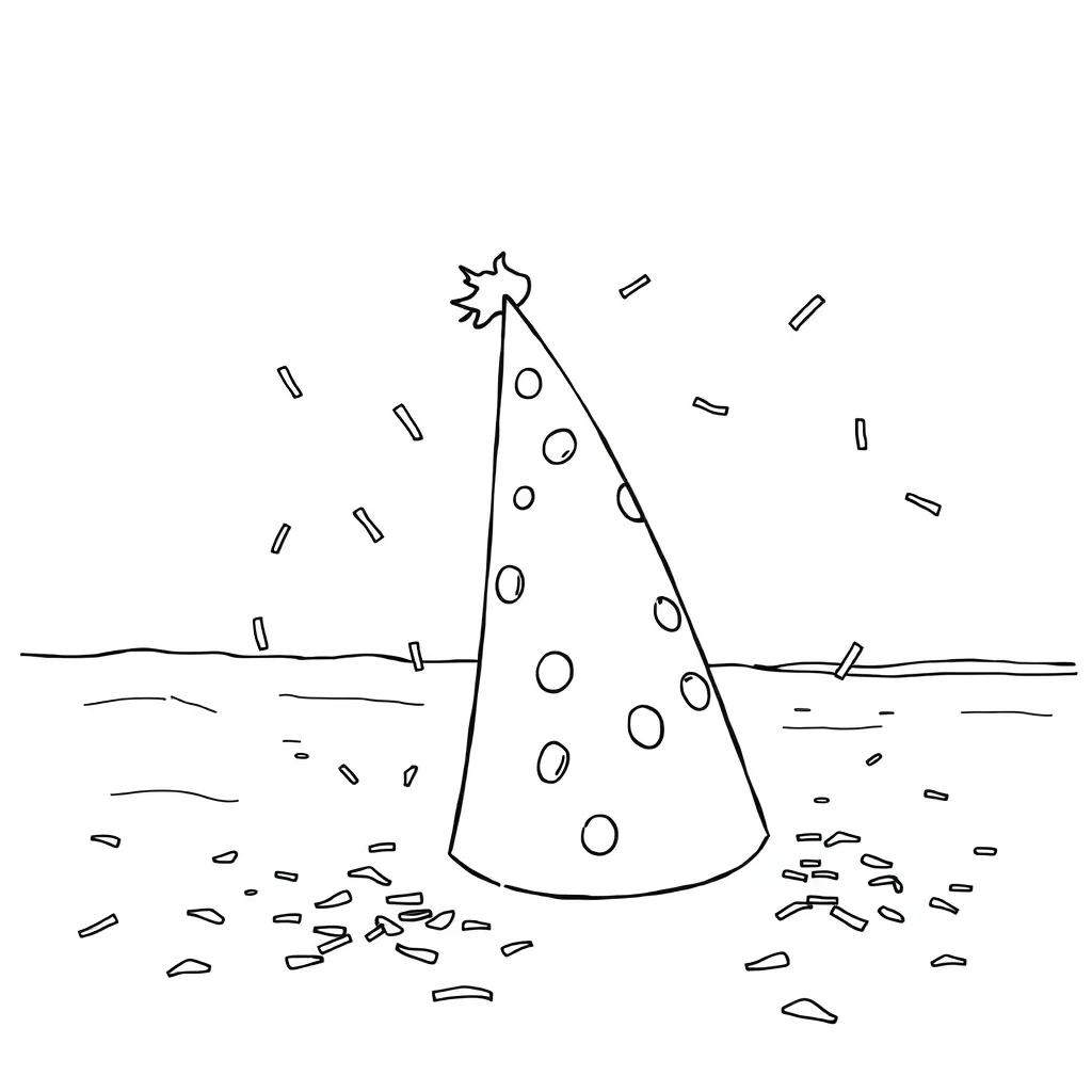 Birthday a party hat and confetti on the beach — classic birthday coloring page (ages 5–10)