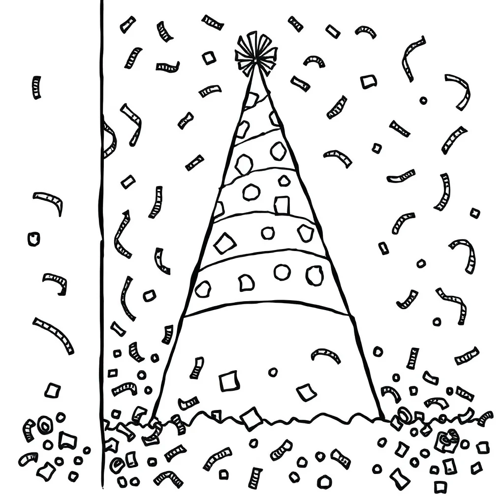 Birthday a party hat and confetti peeking from behind something — classic birthday coloring page (ages 5–10)