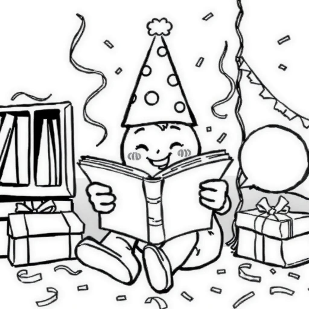 Birthday a party hat and confetti reading a book — classic birthday coloring page (ages 5–10)