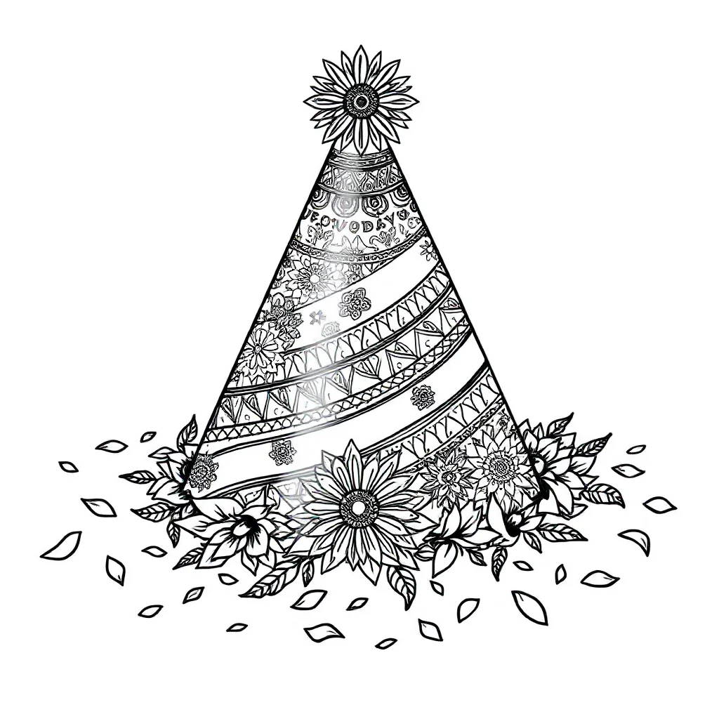 Birthday a party hat and confetti sleeping curled up — detailed birthday coloring page (ages 9+ & adults)