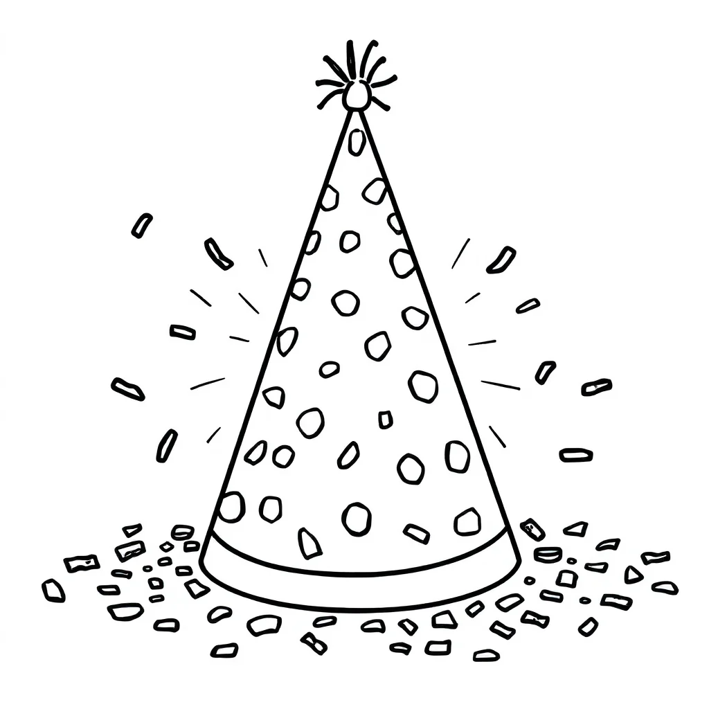 Birthday a party hat and confetti — easy birthday coloring page (ages 2–5)